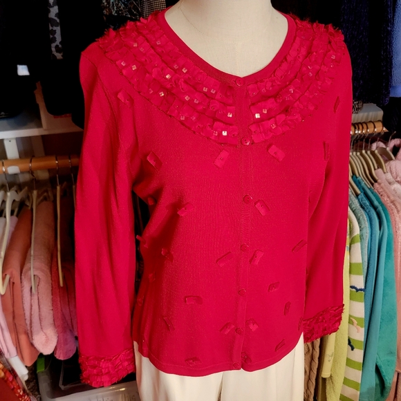 ANN TRINITY ♡ Gorgeous Red Ribbon Sequin Embellished Bling Button Front Blouse M - Picture 10 of 17